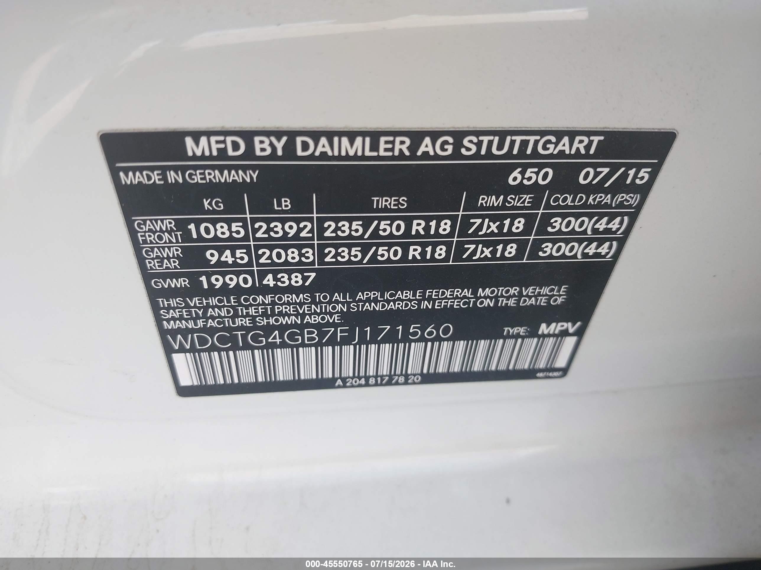 2015 MERCEDES-BENZ GLA 250 4MATIC