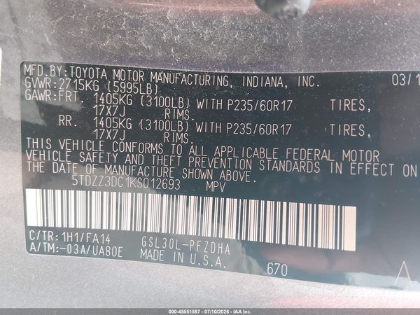 2019 TOYOTA SIENNA L 7 PASSENGER — I9