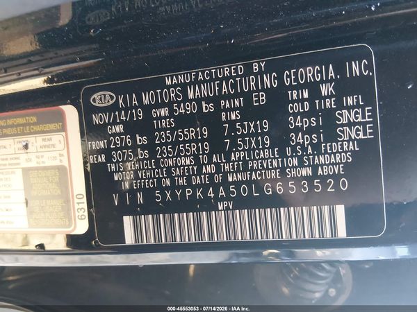 2020 KIA SORENTO 3.3L SX