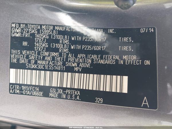 2014 TOYOTA SIENNA LE V6 8 PASSENGER