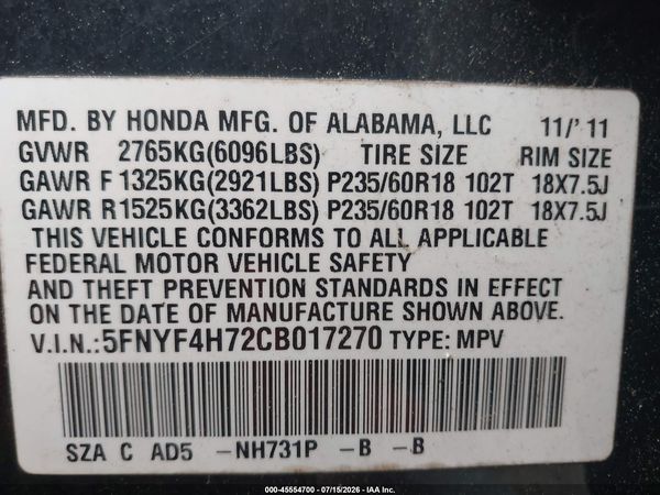 2012 HONDA PILOT EX-L
