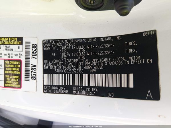2014 TOYOTA SIENNA XLE V6 8 PASSENGER