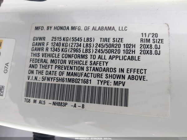 2021 HONDA PILOT 2WD TOURING 7 PASSENGER