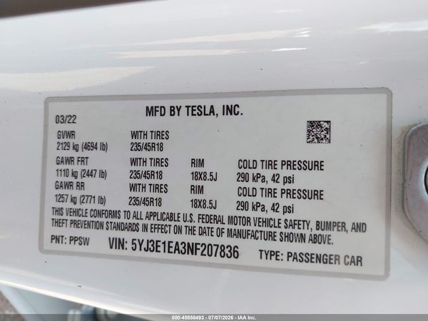 2022 TESLA MODEL 3 REAR-WHEEL DRIVE
