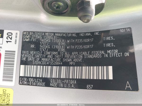 2015 TOYOTA SIENNA XLE 8 PASSENGER — I9