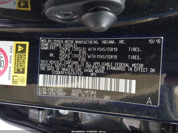 2016 TOYOTA HIGHLANDER LIMITED PLATINUM V6