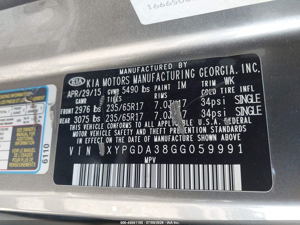 2016 KIA SORENTO 2.4L LX