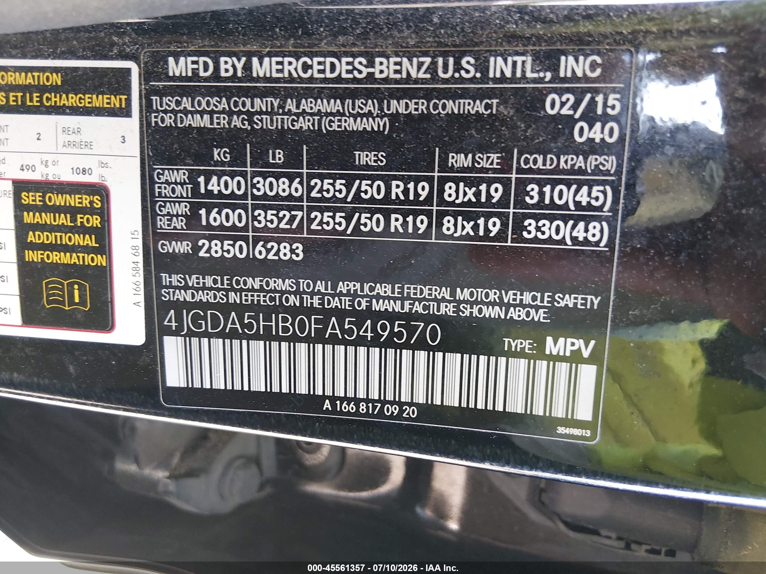 2015 MERCEDES-BENZ ML 350 4MATIC