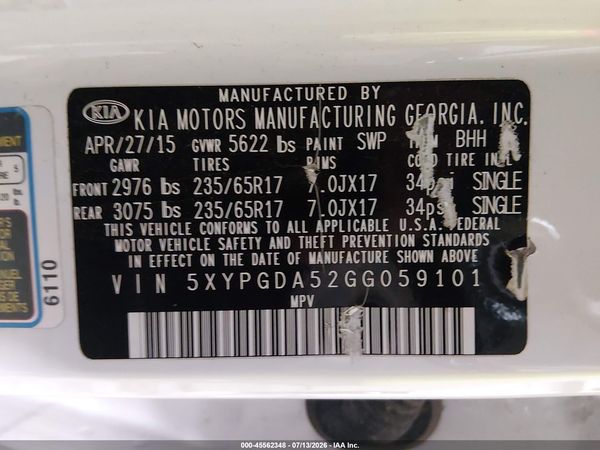 2016 KIA SORENTO 3.3L LX