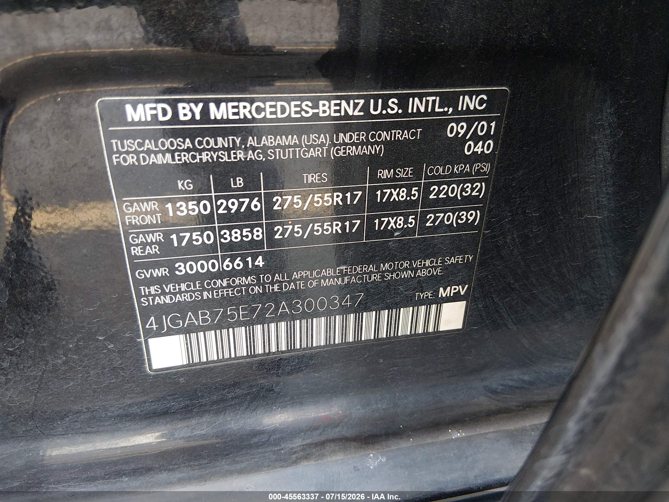 2002 MERCEDES-BENZ ML 500 ML500