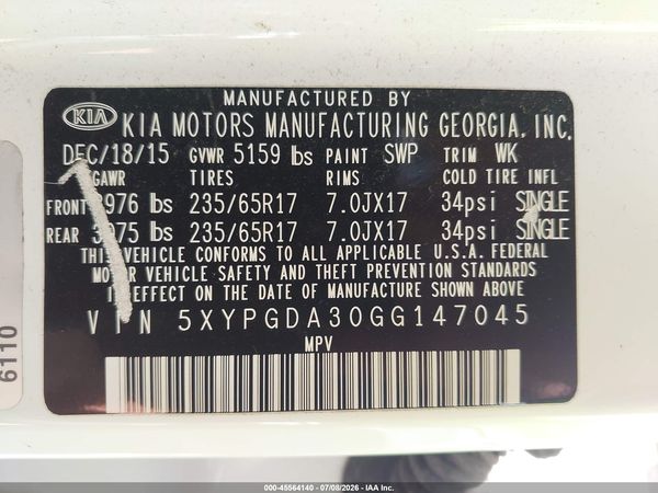 2016 KIA SORENTO 2.4L LX