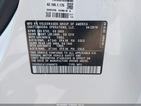 2018 VOLKSWAGEN ATLAS 3.6L V6 SE — I9