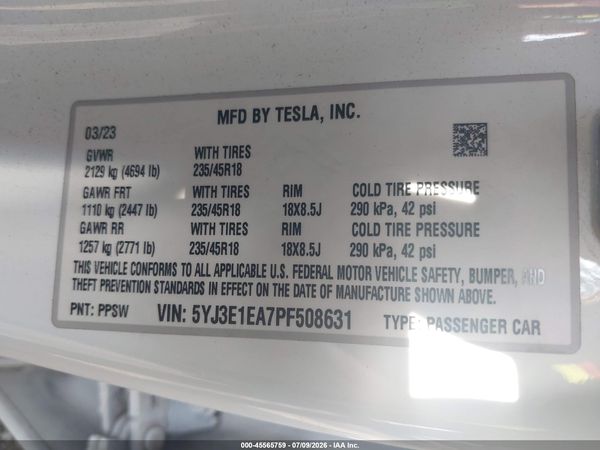 2023 TESLA MODEL 3 REAR-WHEEL DRIVE