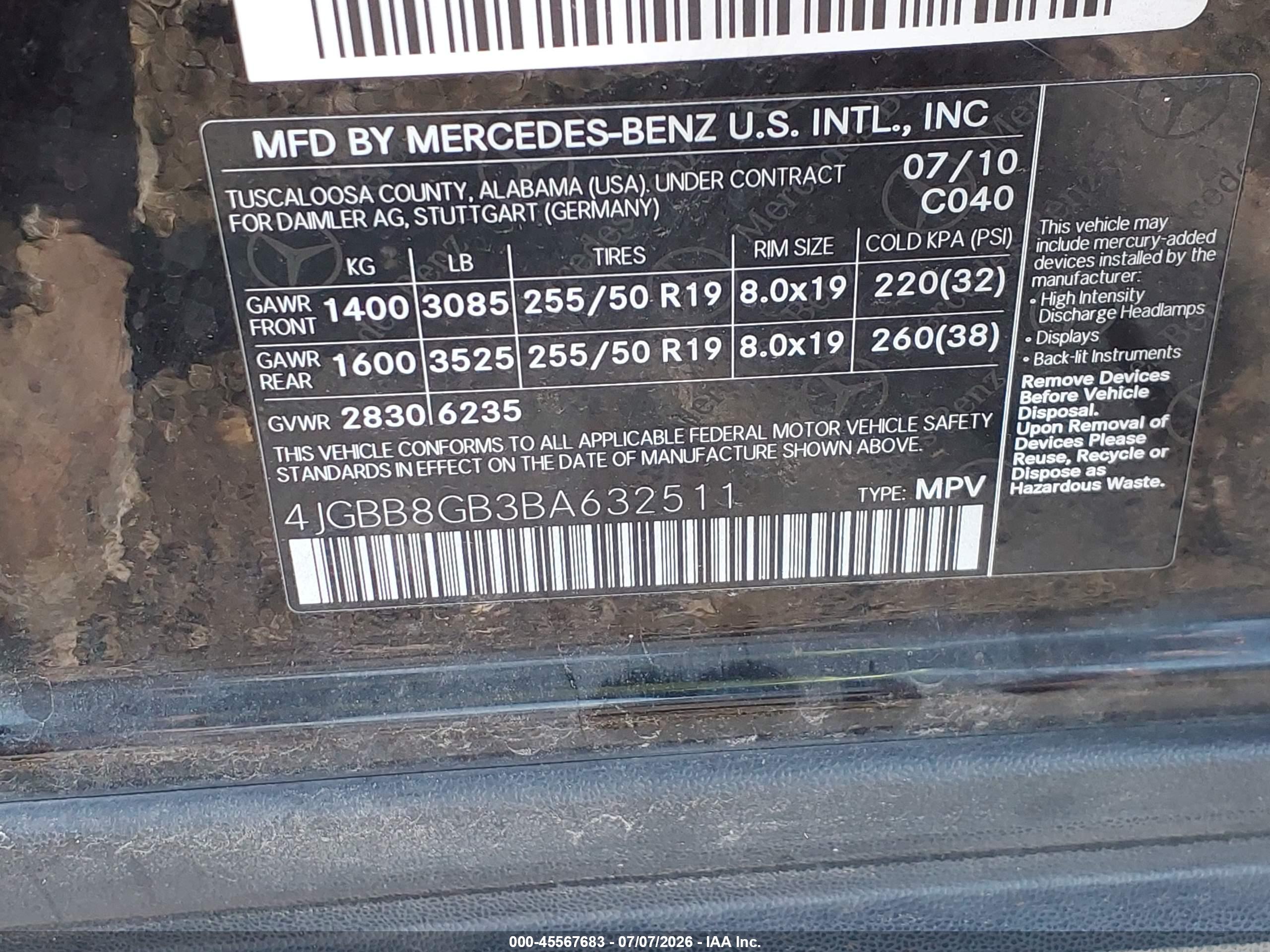 2011 MERCEDES-BENZ ML 350 ML350 4-MATIC