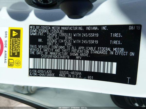 2019 TOYOTA HIGHLANDER LIMITED