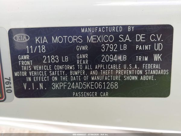 2019 KIA FORTE LXS