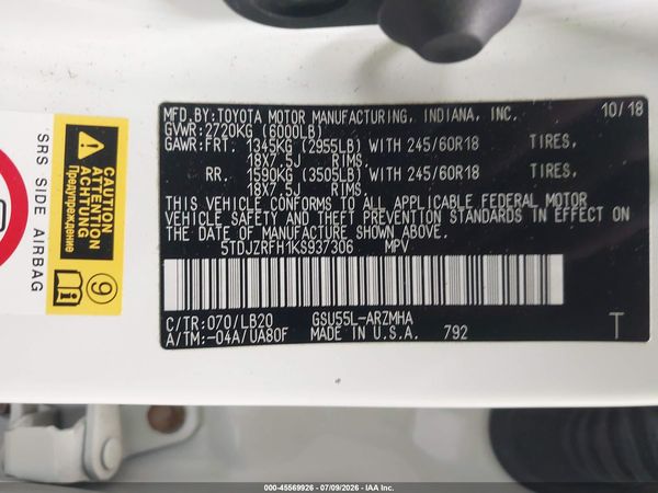 2019 TOYOTA HIGHLANDER XLE