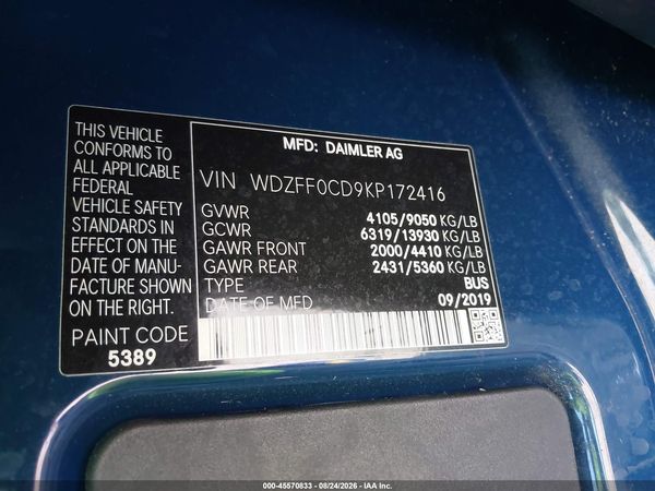 2019 MERCEDES-BENZ SPRINTER 2500 HIGH ROOF V6