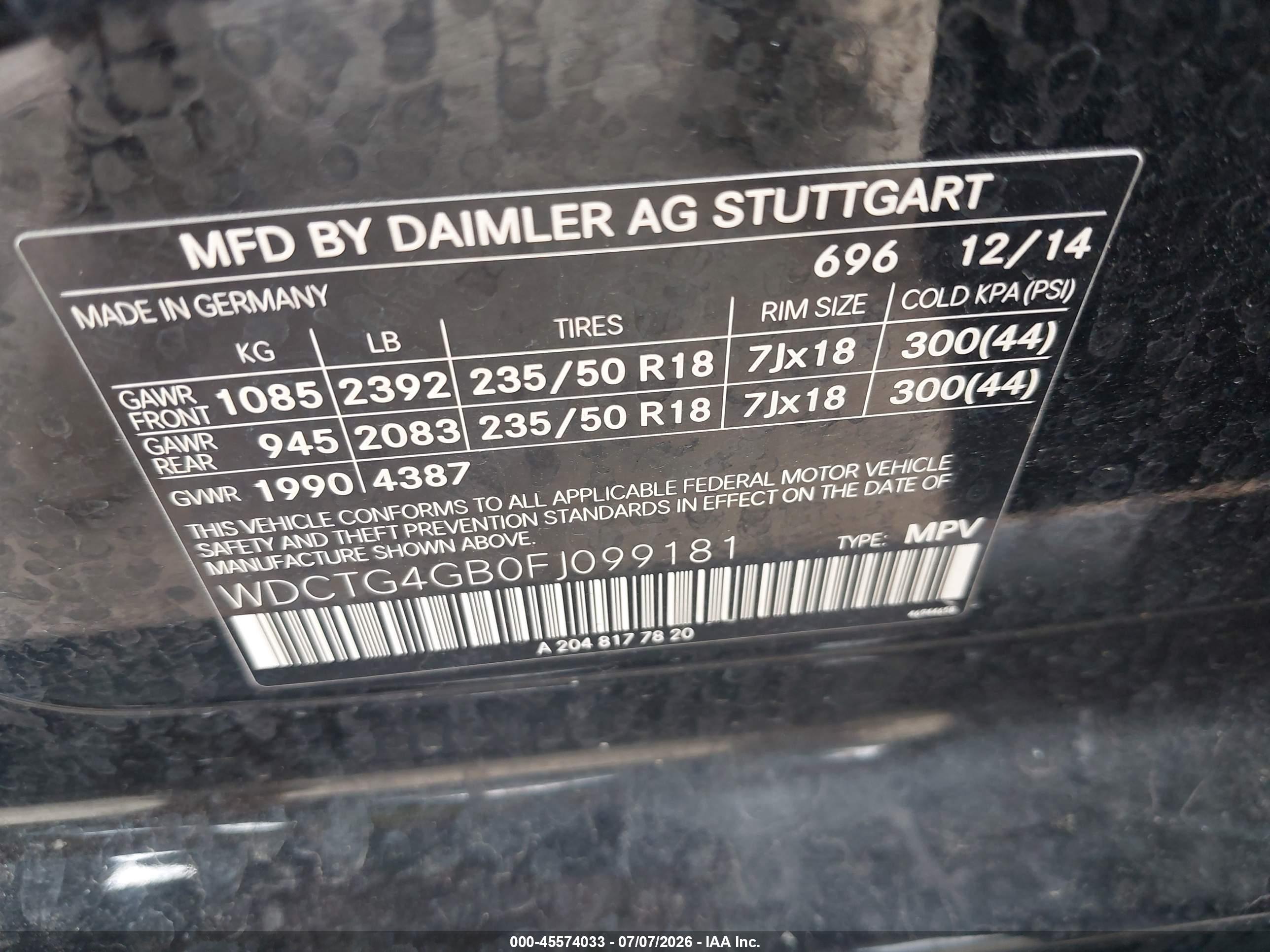 2015 MERCEDES-BENZ GLA 250 4MATIC