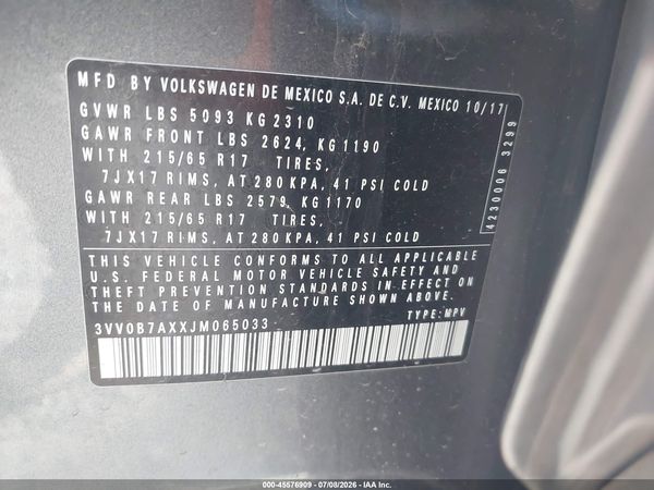 2018 VOLKSWAGEN TIGUAN 2.0T S — I9