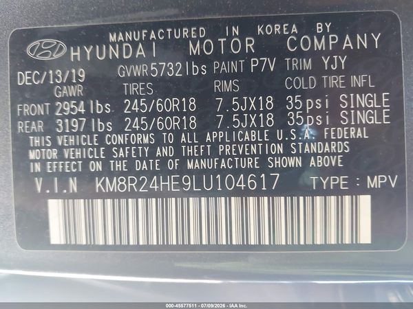 2020 HYUNDAI PALISADE SEL — I9