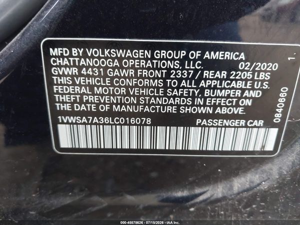 2020 VOLKSWAGEN PASSAT 2.0T SE — I9
