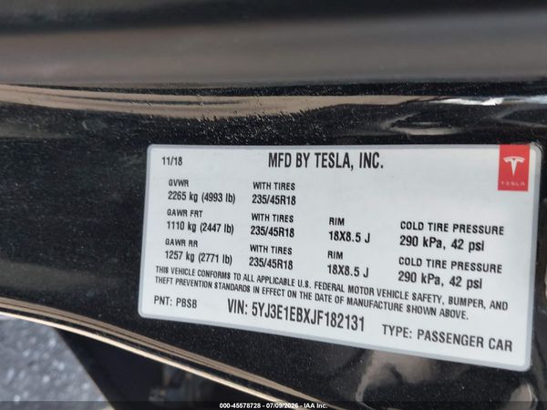 2018 TESLA MODEL 3 LONG RANGE/PERFORMANCE