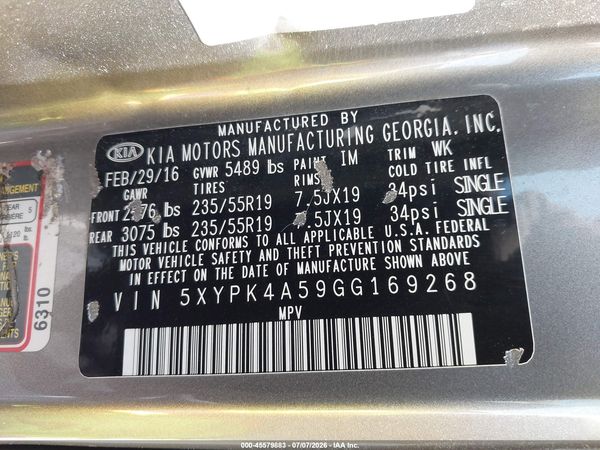 2016 KIA SORENTO 3.3L SX