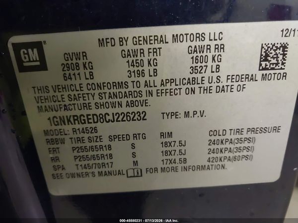 2012 CHEVROLET TRAVERSE LT W/1LT — I9