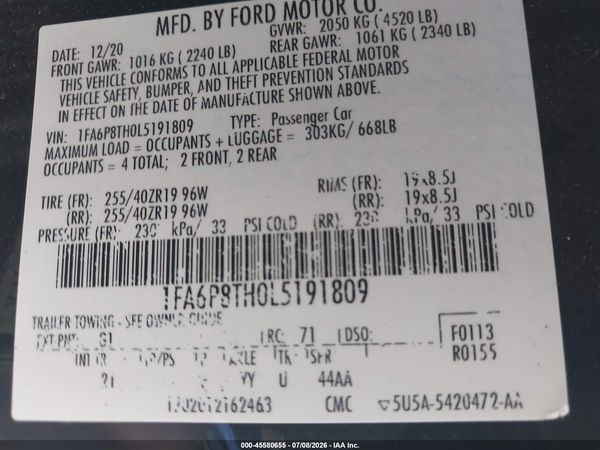 2020 FORD MUSTANG ECOBOOST FASTBACK