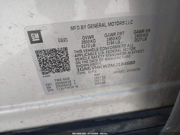 2021 CHEVROLET TRAVERSE AWD LT LEATHER — I9