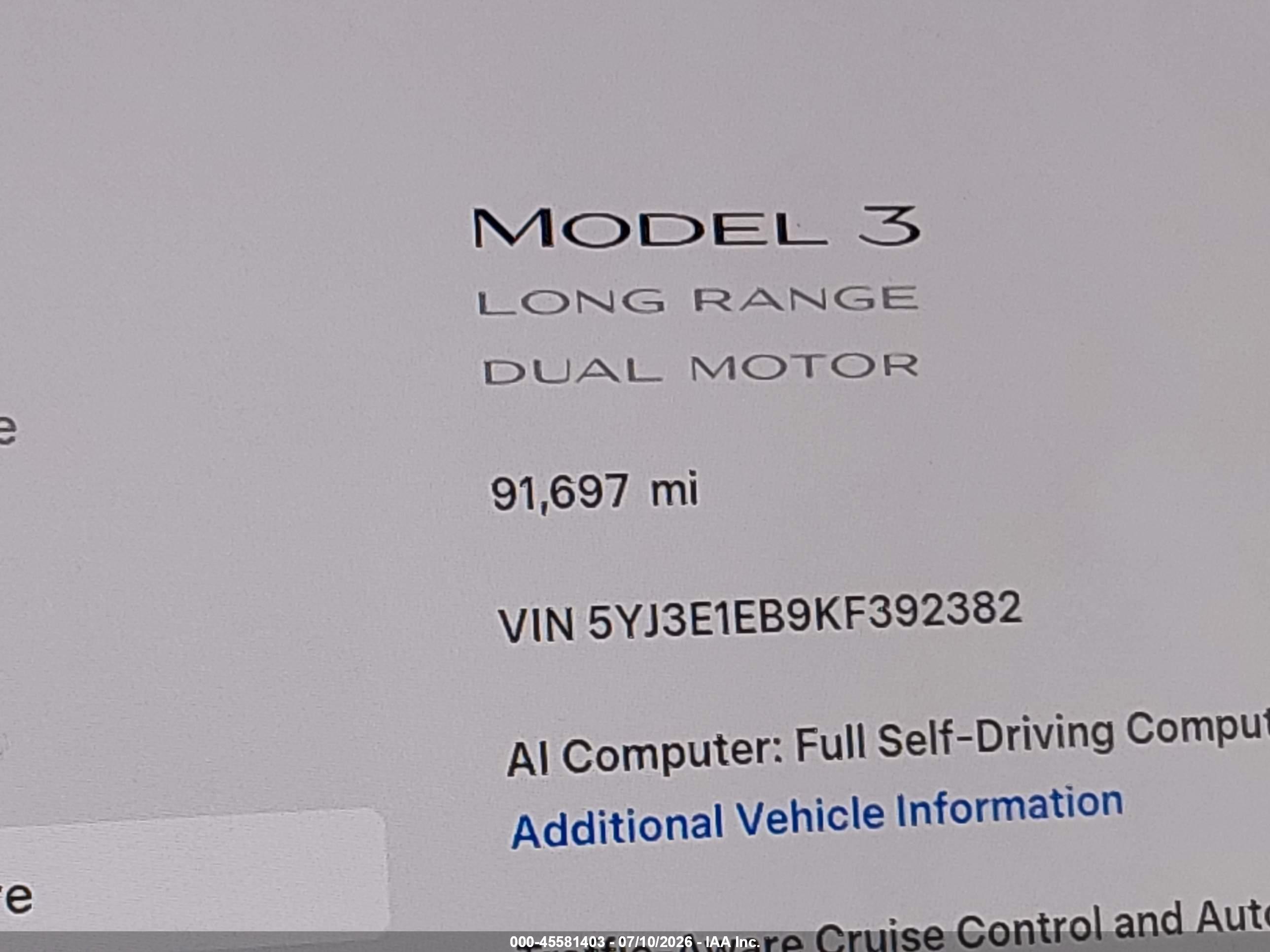 2019 TESLA MODEL 3 LONG RANGE/PERFORMANCE