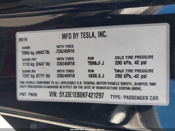 2019 TESLA MODEL 3 LONG RANGE/PERFORMANCE
