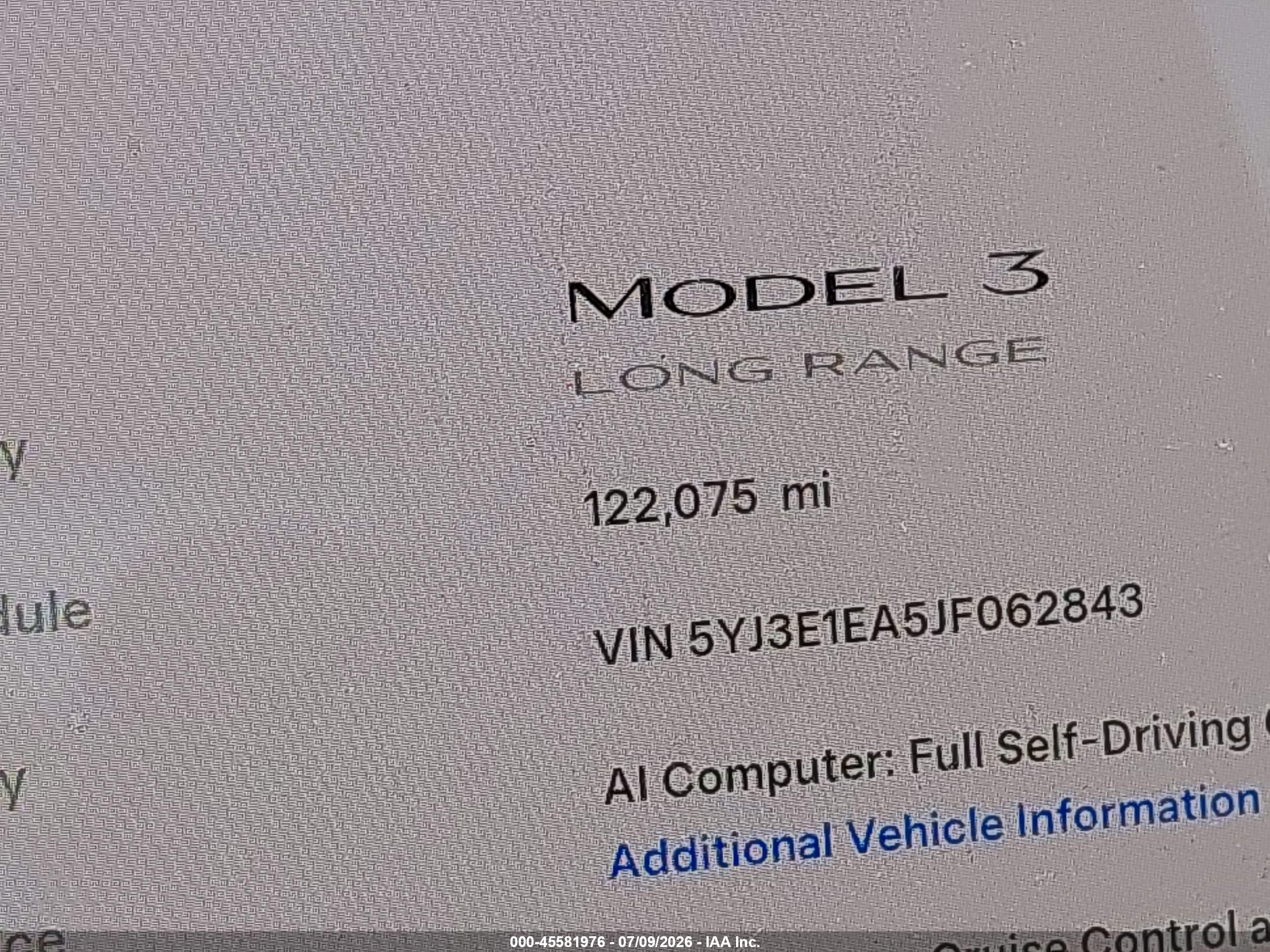 2018 TESLA MODEL 3 LONG RANGE/MID RANGE