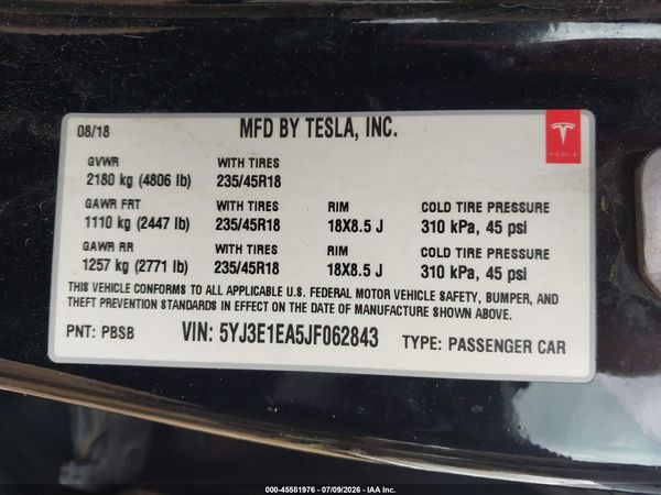 2018 TESLA MODEL 3 LONG RANGE/MID RANGE