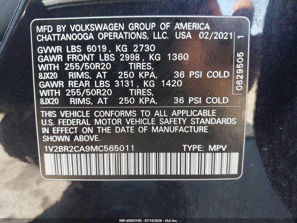 2021 VOLKSWAGEN ATLAS 3.6L V6 SEL — I9