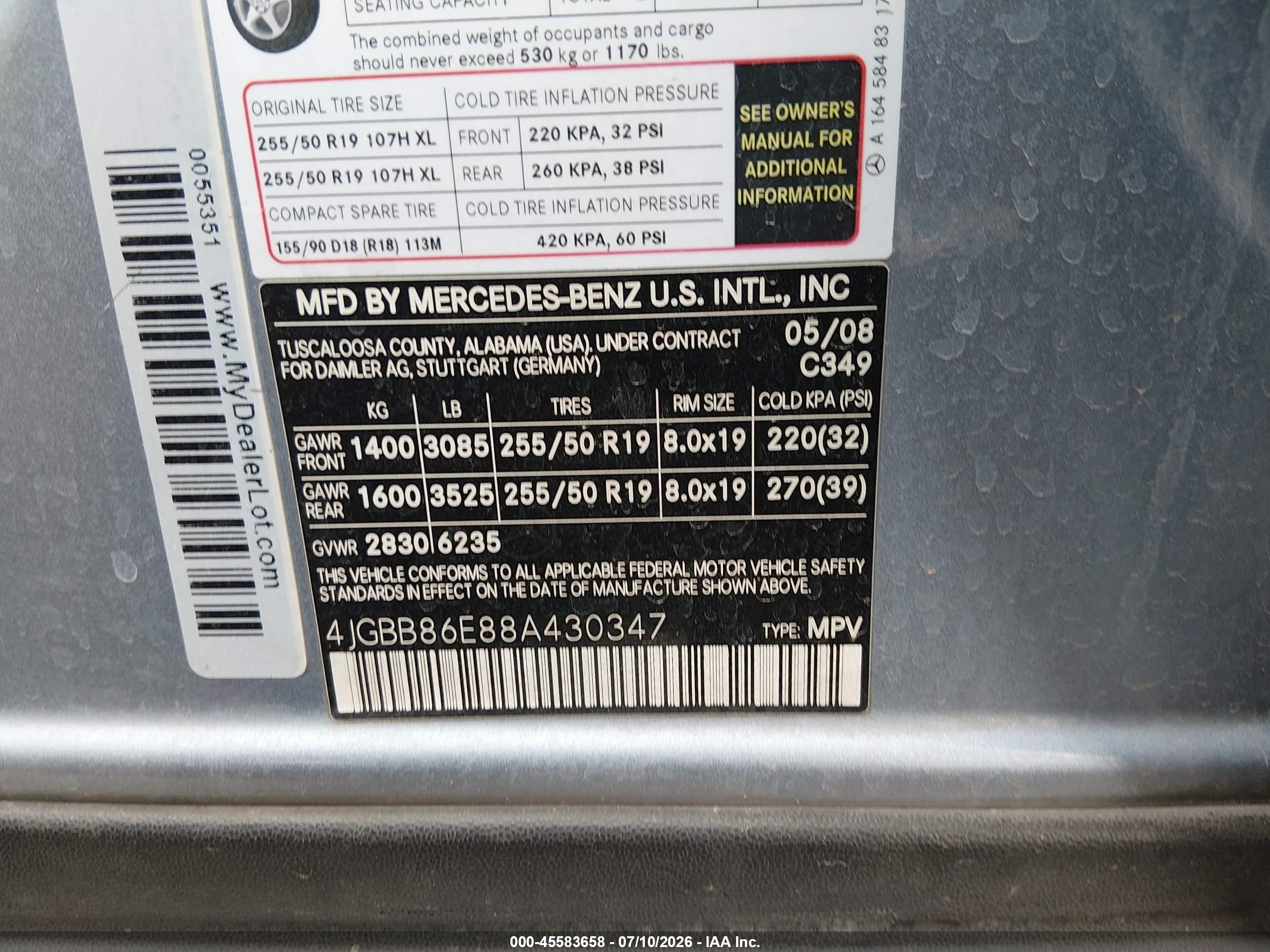 2008 MERCEDES-BENZ M-CLASS ML550 4 MATIC