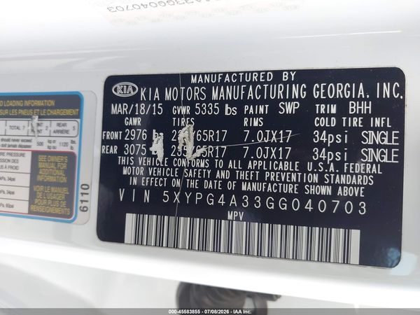 2016 KIA SORENTO 2.4L LX
