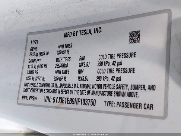 2022 TESLA MODEL 3