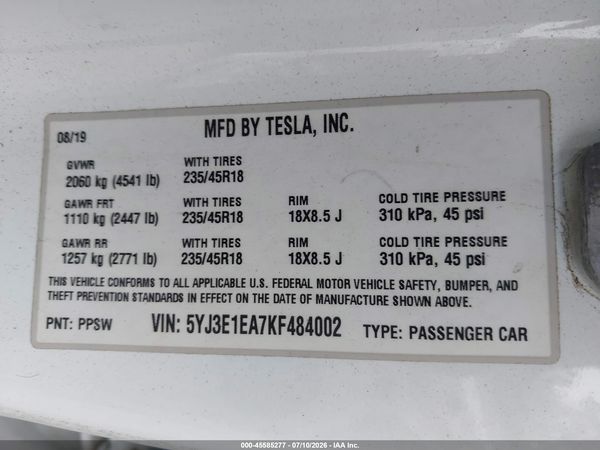 2019 TESLA MODEL 3
