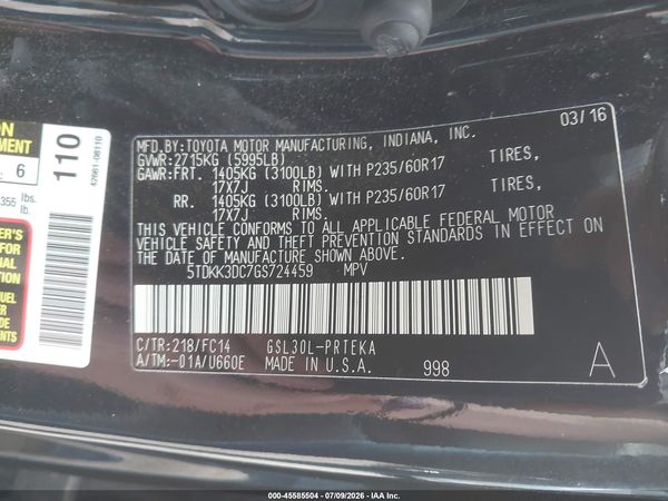2016 TOYOTA SIENNA LE 8 PASSENGER