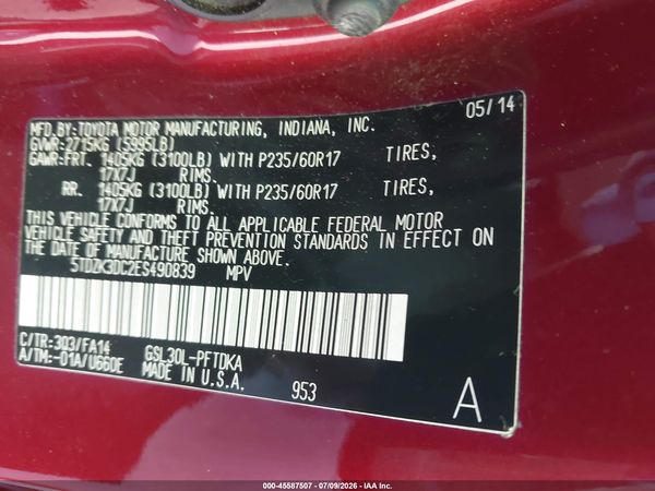 2014 TOYOTA SIENNA L V6 7 PASSENGER