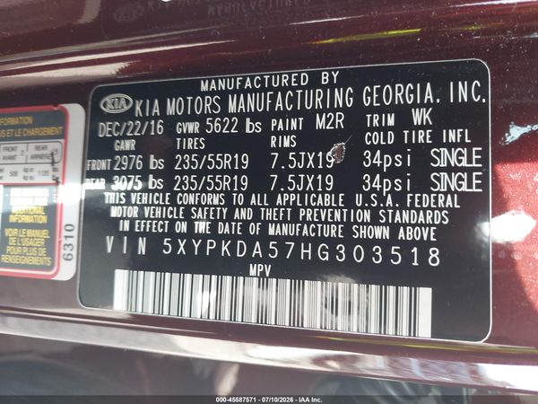 2017 KIA SORENTO 3.3L SX