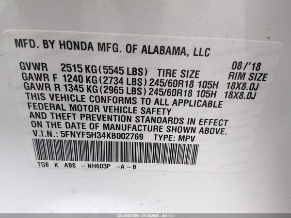 2019 HONDA PILOT EX