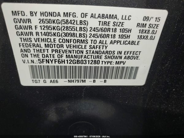 2016 HONDA PILOT LX