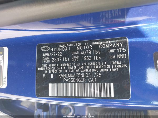 2022 HYUNDAI ELANTRA HYBRID BLUE