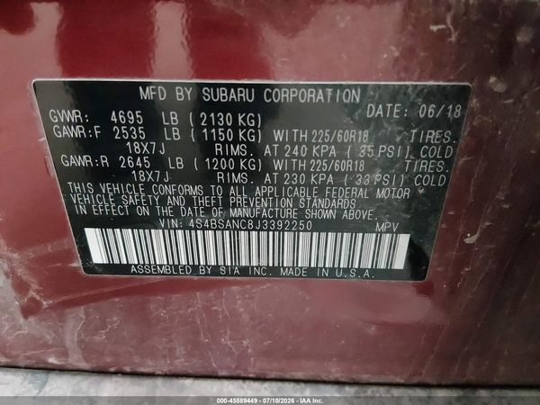 2018 SUBARU OUTBACK 2.5I LIMITED — I9