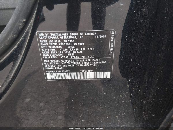2019 VOLKSWAGEN ATLAS 3.6L V6 SE W/TECHNOLOGY — I9