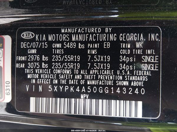 2016 KIA SORENTO 3.3L SXL