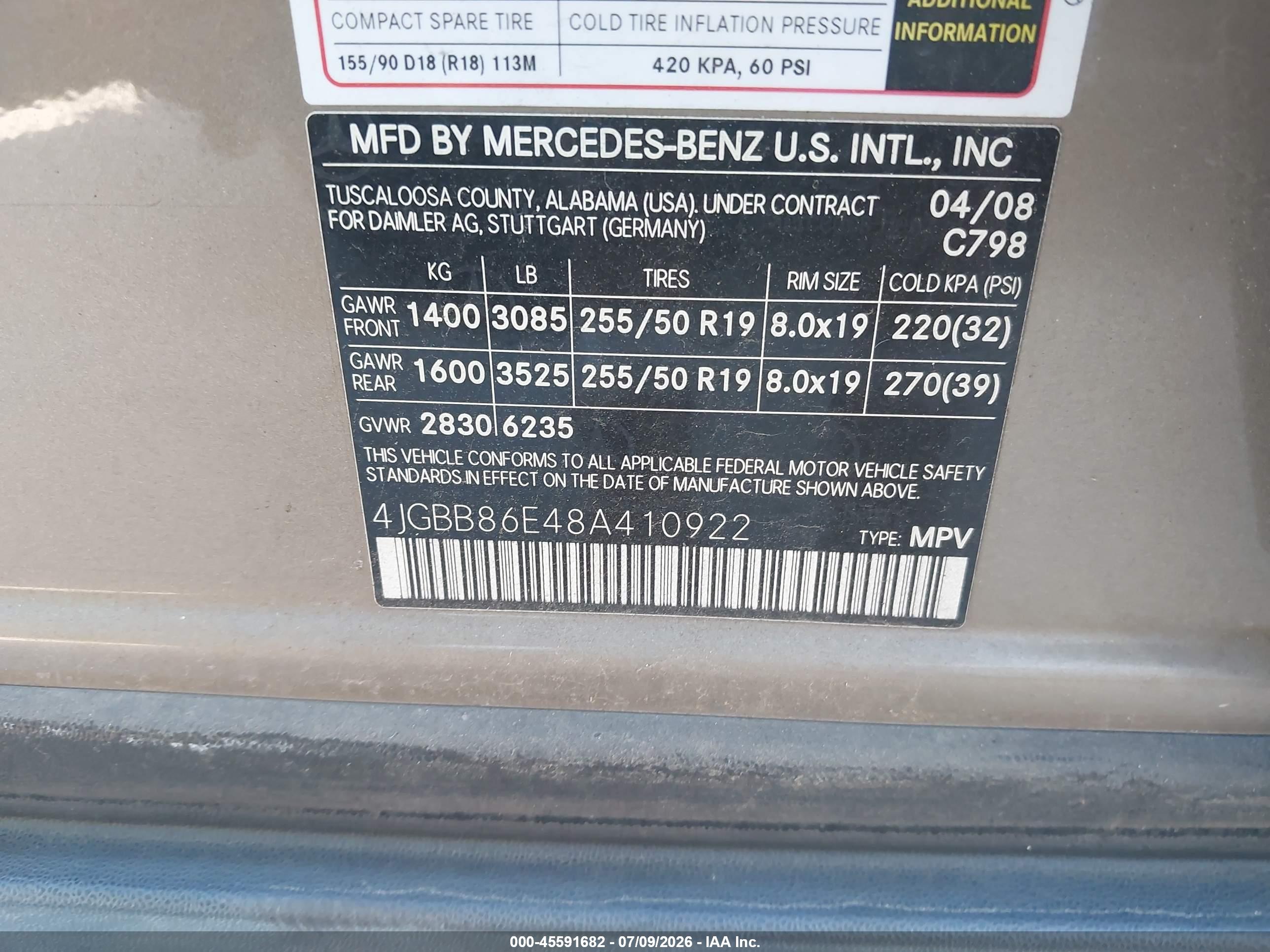 2008 MERCEDES-BENZ M-CLASS ML550 4 MATIC